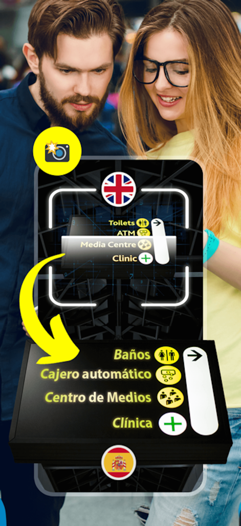 Translate All Language ® - A man and a woman using the app camera to translate an English sign into Spanish