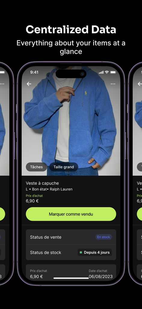 스마트폰에 ControlResell 앱이 표시되어 리셀 품목에 대한 중앙 집중식 데이터 및 재고 관리 확인