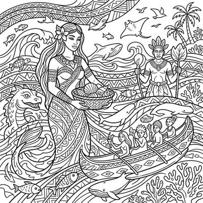 Embark on a mythical coloring adventure with this intricate scene featuring powerful Oceanic Gods and Goddesses. Discover a world teeming with marine life and ancient patterns, ready for your creative touch.