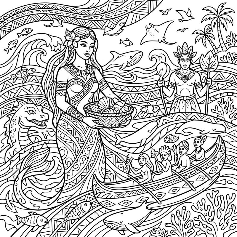 Embark on a mythical coloring adventure with this intricate scene featuring powerful Oceanic Gods and Goddesses. Discover a world teeming with marine life and ancient patterns, ready for your creative touch.