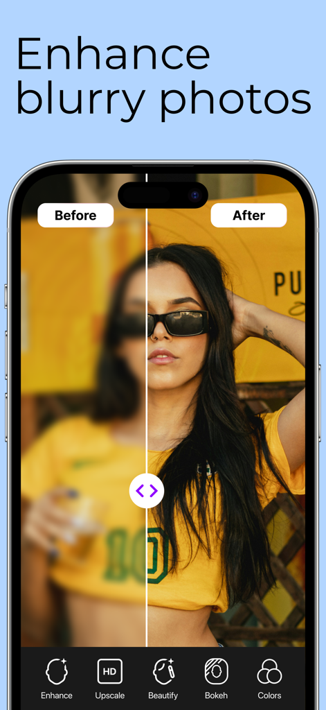 PhotoBoost - AI Photo Enhancer - Before and after comparison of a blurry photo enhanced with PhotoBoost AI
