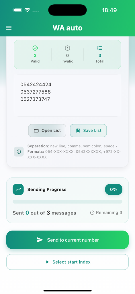 WA Auto - Tableau de bord de l'application WA Auto montrant une liste de contacts et la progression de l'envoi
