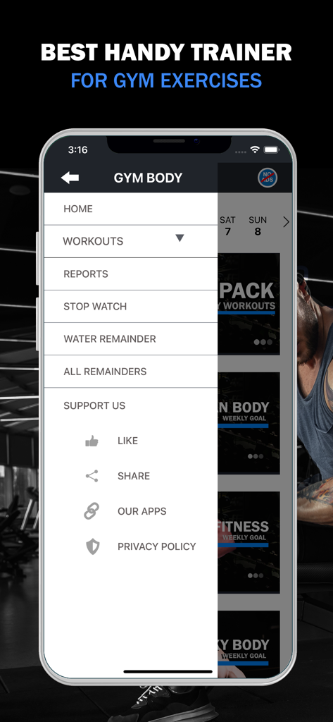 Gym Workout Daily Exercises - Navigation sidebar of the Gym Workout Daily Exercises app displaying options for workouts reports and fitness tools.