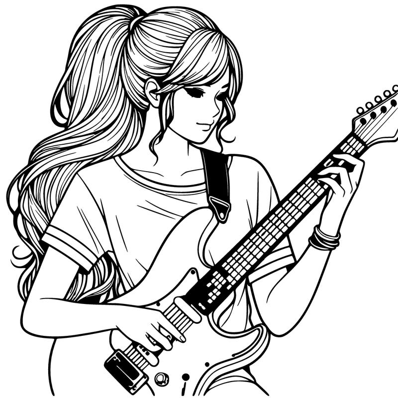 realistic girl with a long ponytail using a electric guitar