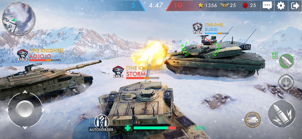 Online multiplayer tank battle in a snowy landscape showing active combat and firing effects.