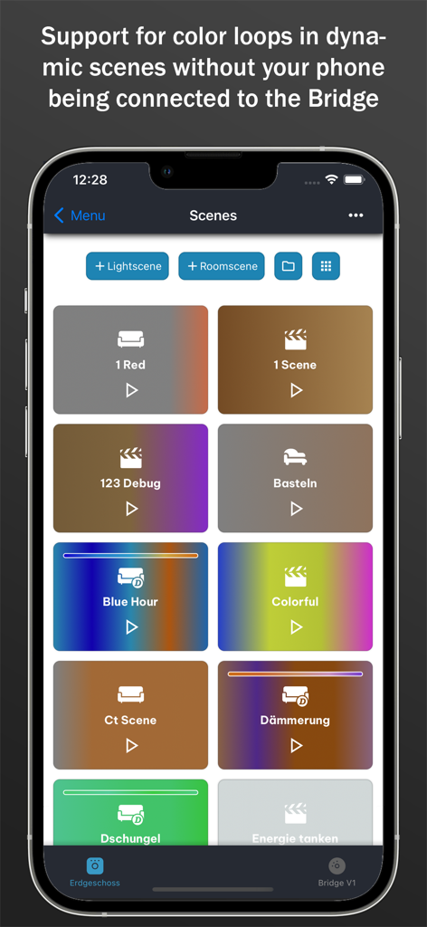 Philips Hue 조명을 위한 다이내믹 씬 및 컬러 루프를 표시하는 all 4 hue 앱의 인터페이스