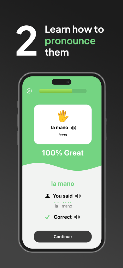 LangAI app interface showing a Spanish pronunciation lesson with real-time AI feedback for the word la mano