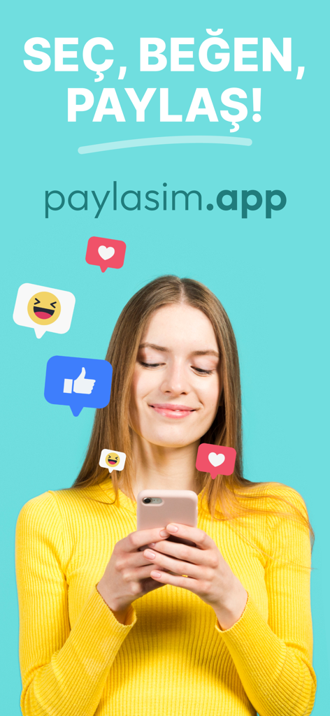 Eine Frau lächelt, während sie ihr Handy benutzt, umgeben von Social-Media-Likes und Herz-Reaktions-Symbolen.