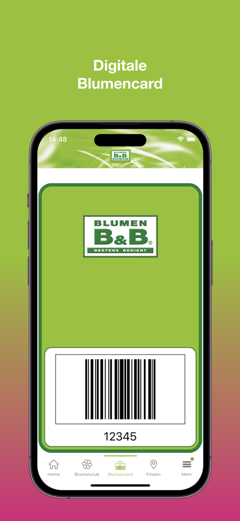 Blumen B&B - Pantalla de tarjeta de fidelización digital en la app Blumen BB que muestra un código de barras y el logotipo de la empresa.