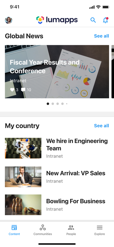 The LumApps mobile app dashboard displaying global and regional corporate news updates for employees