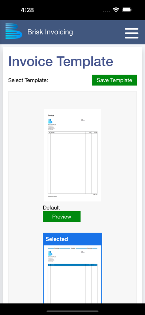 Brisk Invoicing - Mobile app screen showing a selection of professional invoice templates in Brisk Invoicing