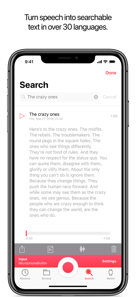 Just Press Record - Just Press Record app displaying searchable audio transcription on iPhone.