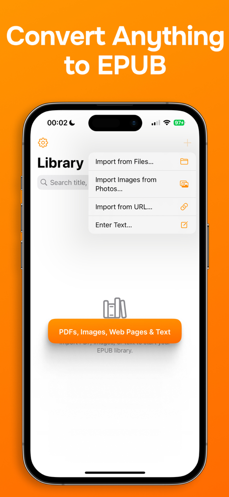 EPUB Makerのモバイルインターフェース。ファイル、写真、URL、テキストからのインポートオプションが表示され、コンテンツをEPUB形式に変換します。