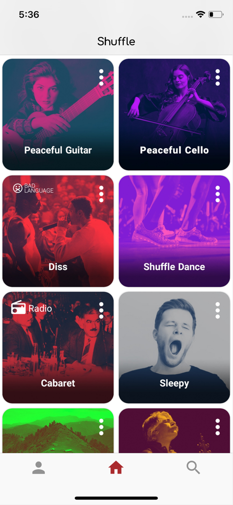 Shuffle Music - The Shuffle Music app interface displaying a grid of various curated music channels like Peaceful Guitar and Shuffle Dance