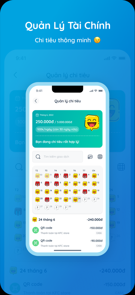 TNEX - Ngân hàng số thế hệ mới - TNEX 앱 인터페이스, 월별 지출 달력 및 거래 내역 포함 재무 관리 표시