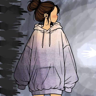 realistic girl with a oversized sweatshirt on and a bun