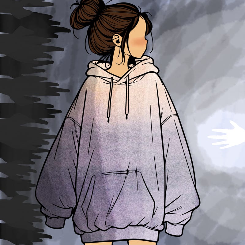 realistic girl with a oversized sweatshirt on and a bun