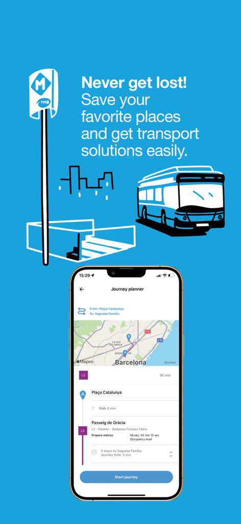 Screenshot of the Hola Barcelona app journey planner showing a route map and public transit directions