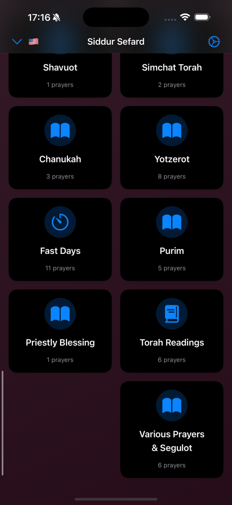 Siddur - Edot HaMizrach - A mobile app menu displaying different categories of Sephardic prayers such as Chanukah and Purim