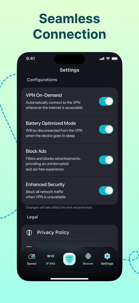 Interface showing VPN settings for battery optimization and ad blocking