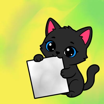 a small cat with a blank sheet of paper in its hand. the cat is sooooooo cute!