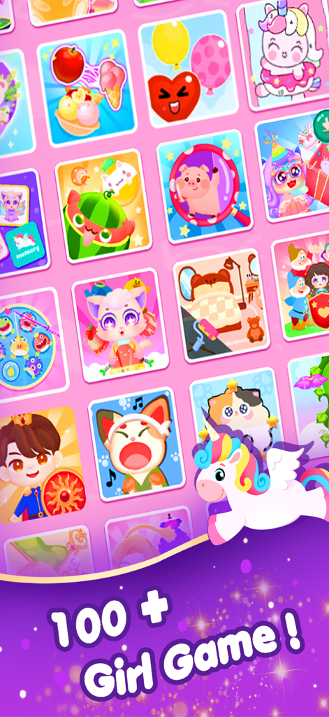 Grid of over 100 colorful mini games for girls including dress up and makeup
