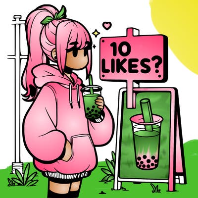 girl with oversized hoodie drinking boba and she has a high ponytail with a sign that says 10likes?