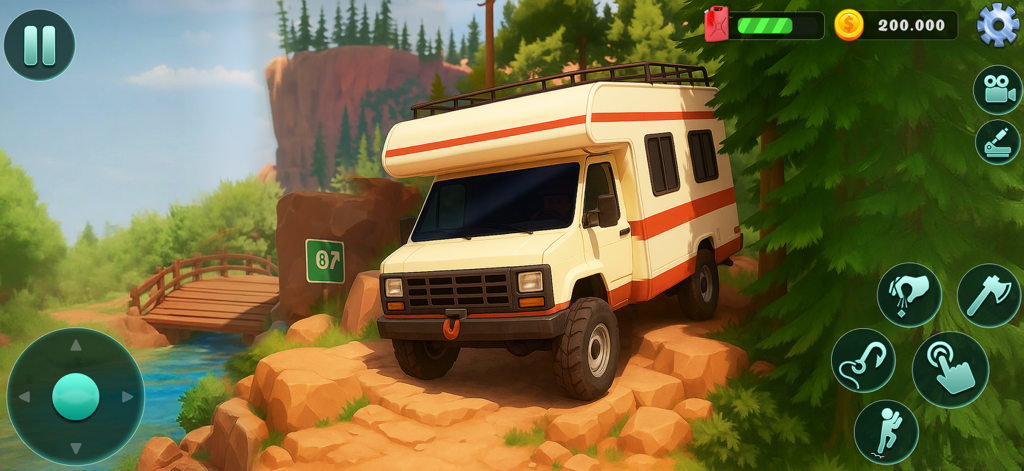 An RV camper van driving on a rocky mountain trail in a nature adventure game