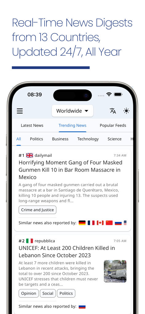UniFeed News - UniFeed News mobile app showing trending global news digests and category filters