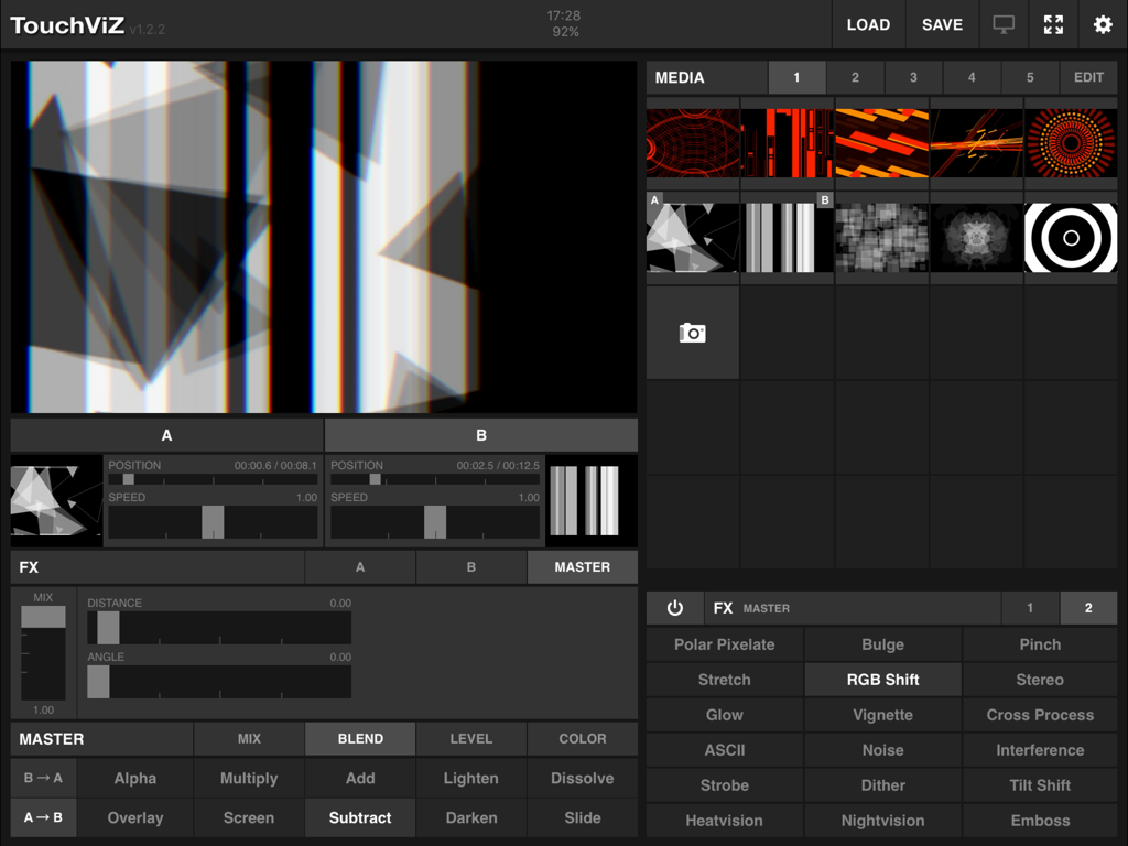 TouchViZ - TouchViZ iPad app interface showing dual channel video mixing with live effects and abstract visual loops