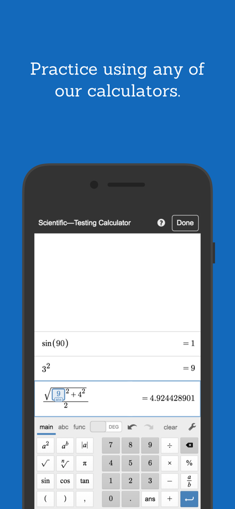 Desmos Test Mode - Interfaccia della calcolatrice scientifica Desmos Test Mode su uno schermo di smartphone che mostra equazioni matematiche e una tastiera digitale