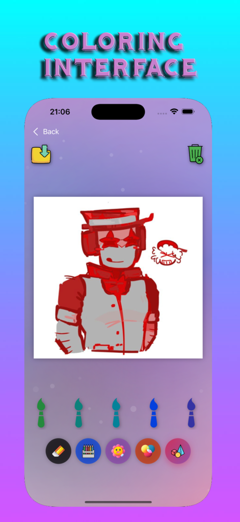 Interfaz de la app de coloreado que muestra un dibujo de personaje con varias herramientas de arte y paletas de colores