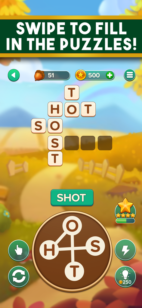 Word Nut mobile game screen showing letters connected to form words in a crossword puzzle