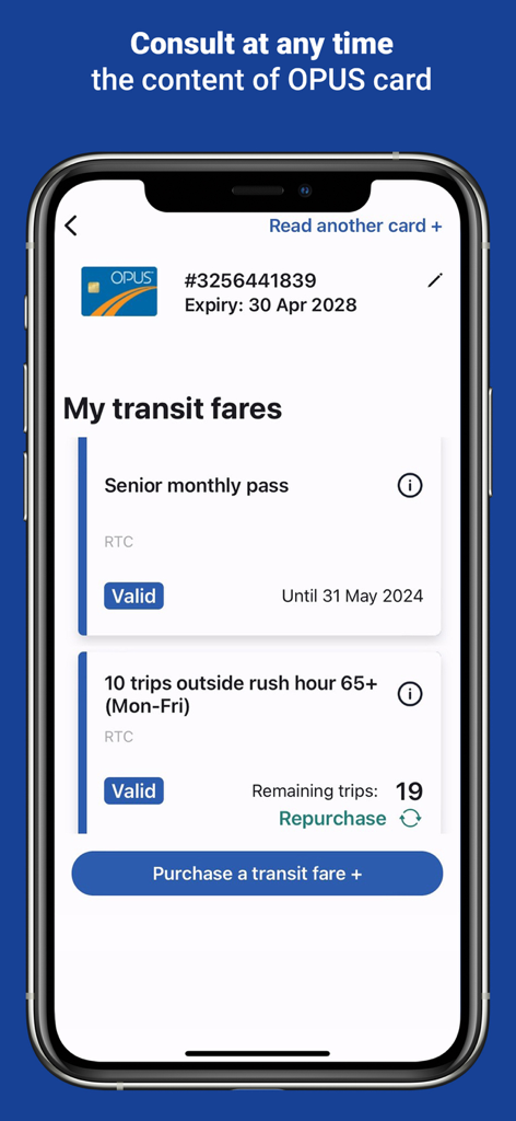 A smartphone screen showing the RTC Recharge OPUS app with a list of active transit fares and a purchase button
