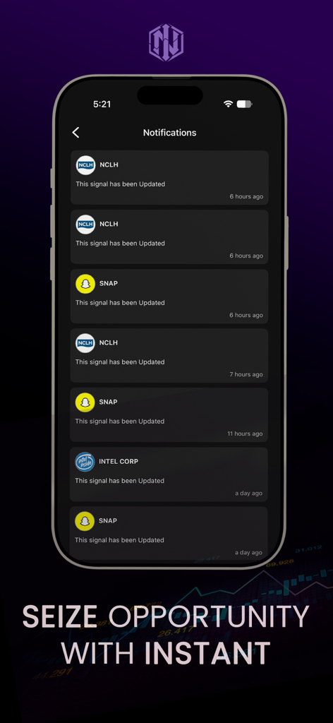 Internative Traders - Mobile app screen showing real-time trading signal updates for stocks and options