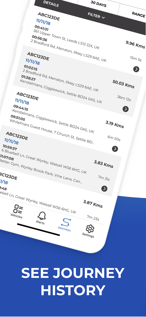 Schermata dell'app mobile ScorpionTrack che mostra la cronologia dei viaggi del veicolo con date, luoghi e distanze