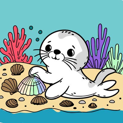 a seal playing with seashells
