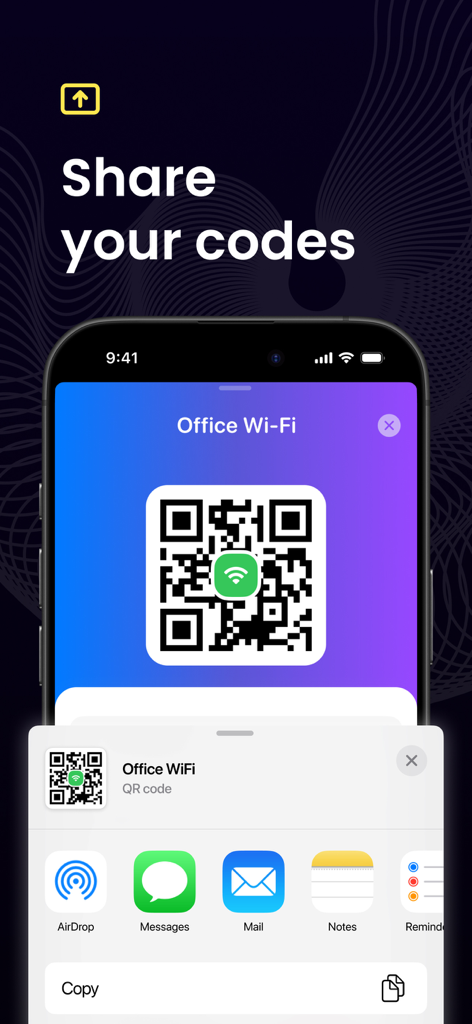 QR Code Reader · Barcode Maker - iPhone-Bildschirm, der einen Büro-WLAN-QR-Code mit geöffnetem iOS-Freigabeblatt zum Teilen über Nachrichten oder E-Mail anzeigt.