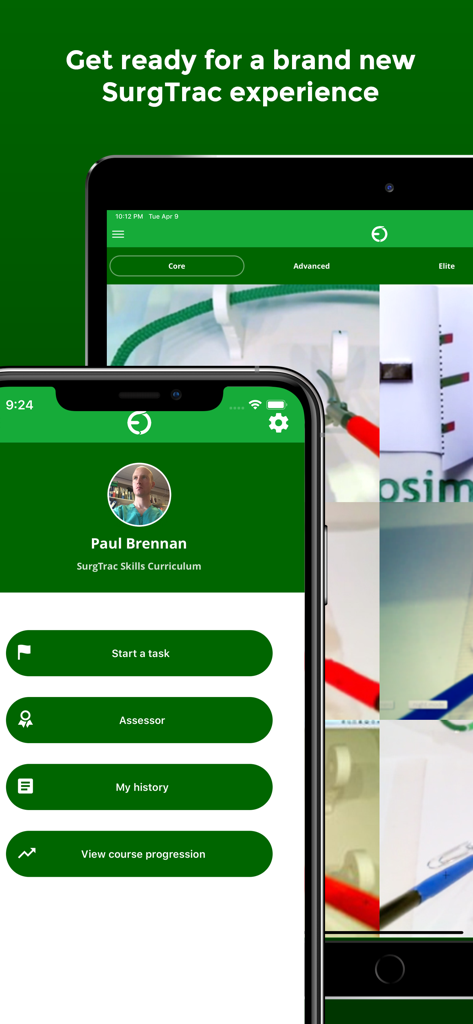 SurgTrac app interface displayed on a smartphone and tablet showing surgical simulation and user progress tracking