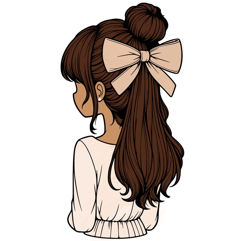 realistic girl  with hip length hair a bun and a big bow on the back of head