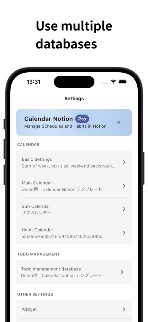 Sync Notion - Pantalla de configuración de la aplicación Sync Notion mostrando opciones para gestionar múltiples bases de datos de calendarios, hábitos y tareas pendientes