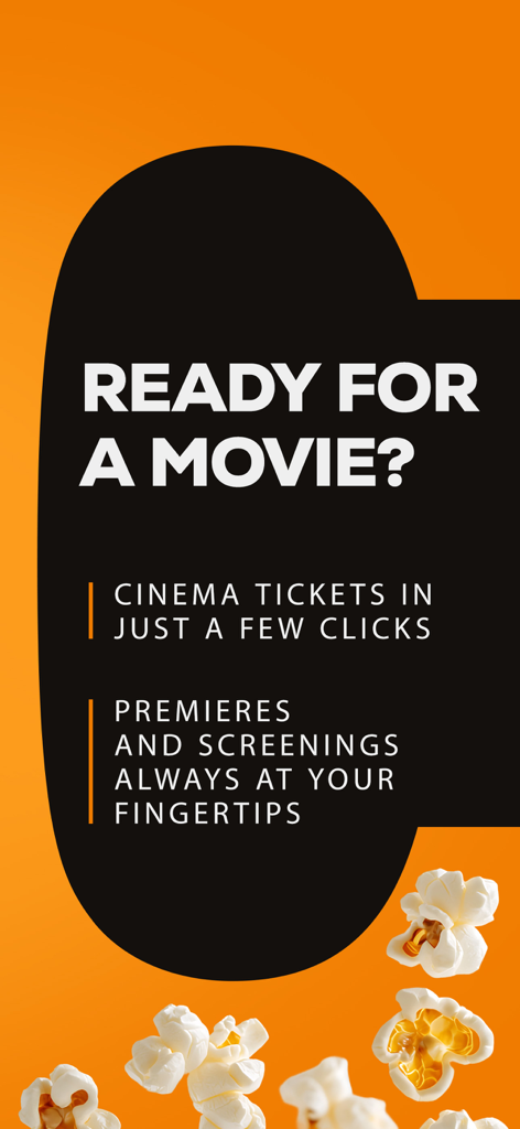Cinema City: Movies & Tickets - Schermata promozionale dell'app Cinema City che mostra la facilità di prenotazione dei biglietti e il testo delle anteprime dei film con grafica di popcorn