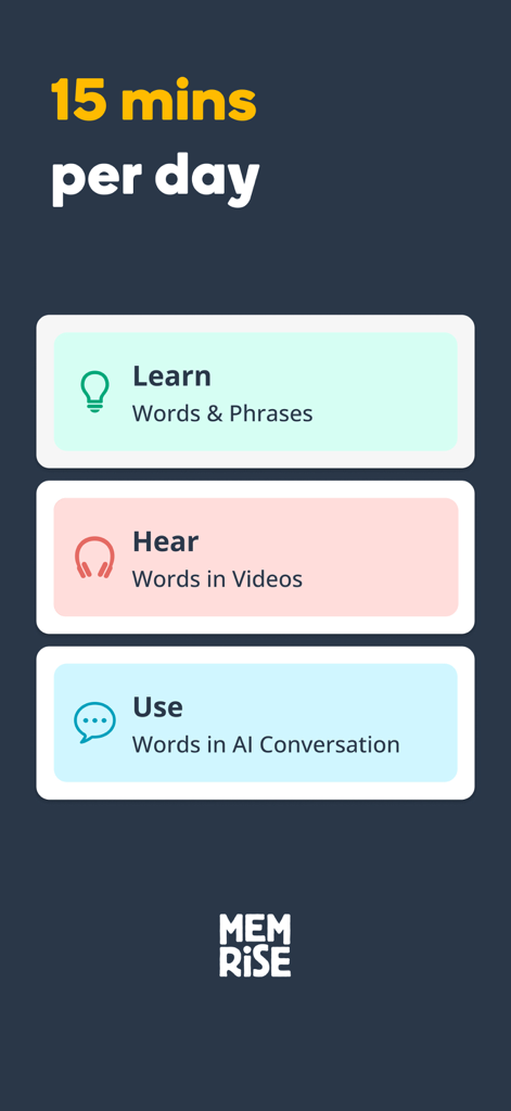 Memrise Easy Language Learning - A display showing the Memrise language learning process of 15 minutes per day featuring modules for learning words, hearing videos, and using AI conversation.