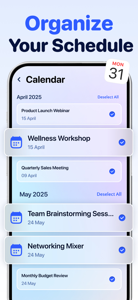 Clean Up Now: AI Cleaner - Clean Up Now app interface showing the calendar schedule organization and cleanup feature