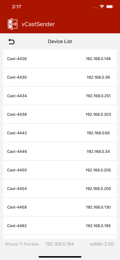 The vCastSender app interface showing a list of available ViewSonic devices for wireless screen casting.