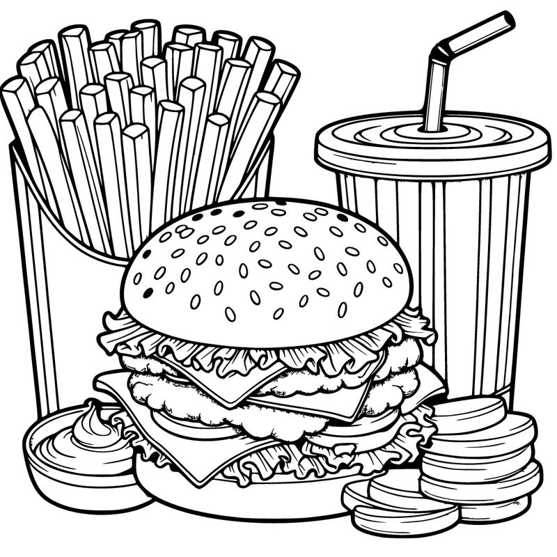 cheeseburger and french fries with drinks