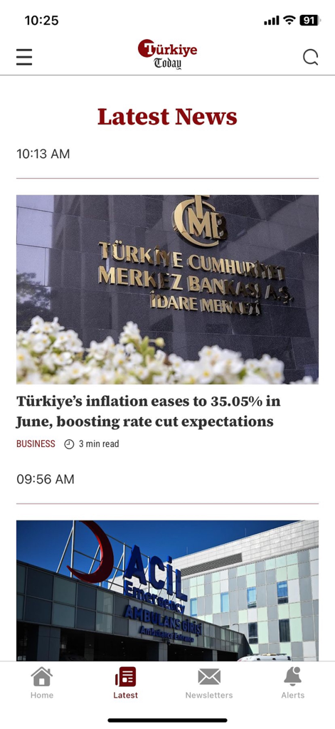 Türkiye Today - Latest news feed on the Türkiye Today app featuring a business story about Turkish inflation.