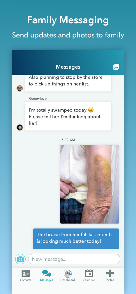 Pantalla de mensajería de la aplicación Cuidado Conectado mostrando un chat familiar y una foto de un moretón en curación.