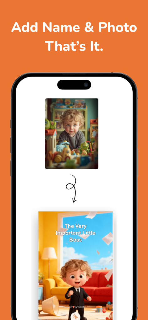 Kids Story Books - KidTeller - 아이의 사진이 맞춤 AI 동화책 캐릭터로 변환되는 것을 보여주는 KidTeller 앱 화면