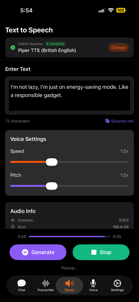 RunAnywhere mobile app interface for local text to speech conversion with customizable voice settings